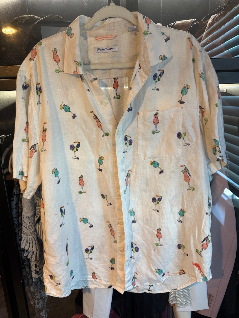 Tommy Bahama White Linen Short-Sleeve Tropical Drink Print Shirt